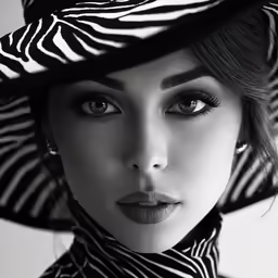 a woman with a zebra print hat and scarf around her neck