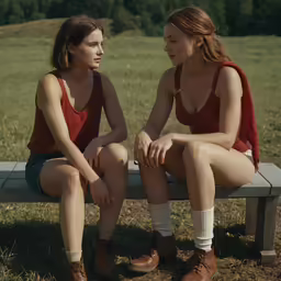 two women are sitting on a bench outside