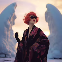 a woman with red hair and sunglasses standing next to an ice - covered mountain,a woman wearing sunglasses with an ice formation behind her