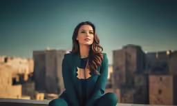 a woman in a green suit sitting on top of a building