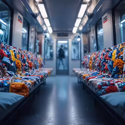 rows of beds and blankets sit on the floor of an ambulance