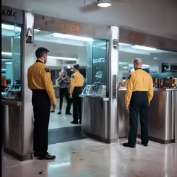 two security guards stand at the door to their waiting area