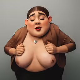 a woman has huge booy breasts in front of a grey background