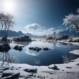 a body of water surrounded by snow and mountains