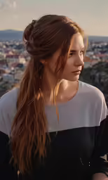 a woman with brown hair looks off into the distance