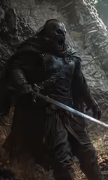 a man in black outfit holding two swords in a forest
