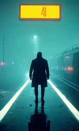 a person in a black coat is standing at a platform