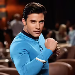 a man in a blue shirt posing with his arms crossed