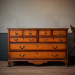 an antique dresser with knobs is empty