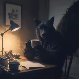 a dog drinking coffee while sitting at a table with an old lamp and desk