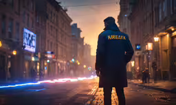 man with a hoodie looking away from the camera while standing on the street,a person standing in the middle of a street looking down at a building