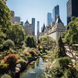 a garden with trees and flowers surrounding the pond,a beautiful view of a city that is in mid fall