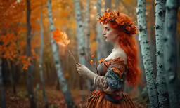 a woman with orange hair is holding a large leaf