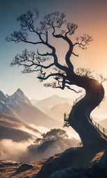 a tree on top of a hill surrounded by fog