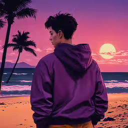 boy looking at the sun on the beach,a man standing on top of a sandy beach