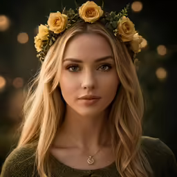 a young lady with roses on her head