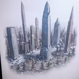 an aerial view of some tall buildings in the snow