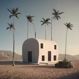 some palm trees and a small white building