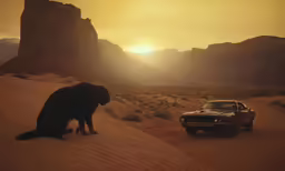 a kangaroo sitting in the desert near a car