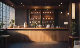 the inside of a bar with vases and plants
