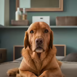 a dog sitting on top of a bed looking into the camera