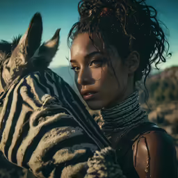 a young woman and a striped animal