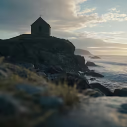 a church on the coast with waves rolling on the rocks