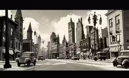 black and white photo of old cars traveling through an empty street