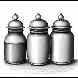 three silver ceramic jars on a table