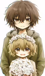 two anime characters are holding a bouquet