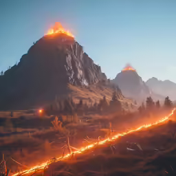 a group of mountains that have fire in them