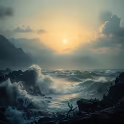an ocean sunset with waves crashing on the rocks