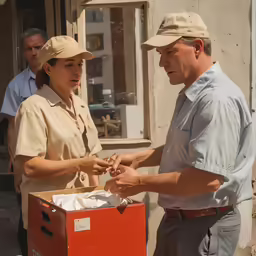 a woman handing another man something out of a box