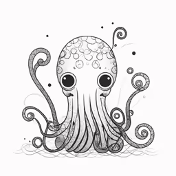 an ink drawing of a squid with octopus eyes