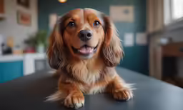 an orange dog sitting on top of a black counter
