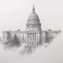a large building in the clouds with trees in the foreground