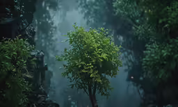 trees in a forest with fog around them