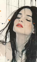 a woman with long hair and a red lipstick is resting her eyes closed