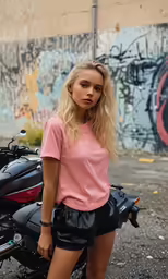 a woman posing in front of a motor bike