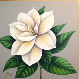 a painting with a large flower on the back,a painting of a white flower with green leaves