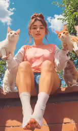 a woman sitting on the ground with several cats around her