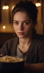 a young woman is sitting with a bowl of macaroni and cheese