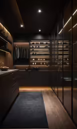 the room has been decorated with black and brown lighting