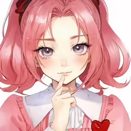 a girl with pink hair and big blue eyes