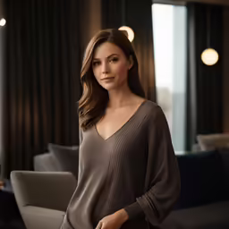 woman in brown sweater standing by window and looking at camera