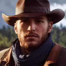 a man in a hat and scarf in front of trees