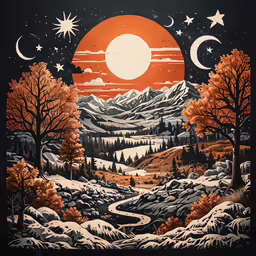 an illustration of a snowy valley with mountains, stars and moon
