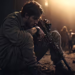 man holding up his rifle sitting on a dirty field