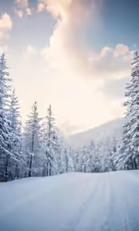 a snowy road on which there are trees all around