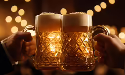 two mugs of beer are held by men